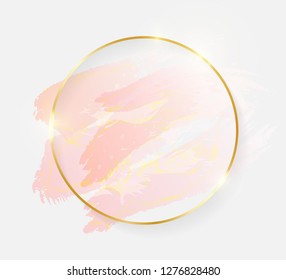 Gold shiny glowing round frame with rose pastel brush strokes isolated on white background. Golden luxury line border for invitation, card, sale, fashion, wedding, photo etc. Vector illustration