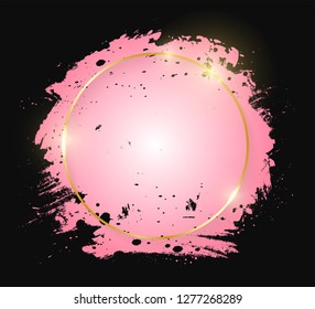 Gold shiny glowing round frame with pink brush strokes isolated on black background. Golden line border for invitation, card, sale, fashion, wedding, print etc. Woman, Valentine or mother day. Vector