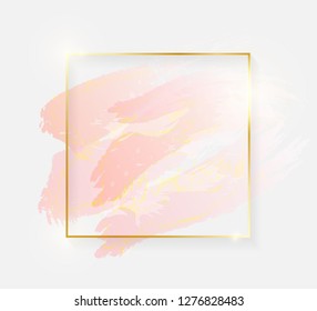 Gold shiny glowing square frame with rose pastel brush strokes isolated on white background. Golden luxury line border for invitation, card, sale, fashion, wedding, photo etc. Vector illustration