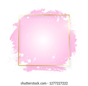 Gold shiny glowing square frame with pink brush strokes isolated on white background. Golden line border for invitation, card, sale, fashion, wedding. Woman, Valentine or mother day concept. Vector