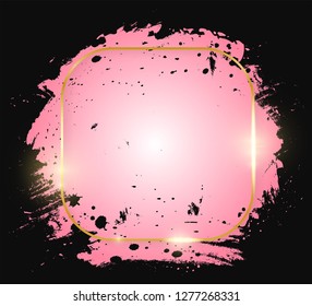 Gold shiny glowing square frame with pink brush strokes isolated on black background. Golden line border for invitation, card, sale, fashion, wedding, print etc. Woman, Valentine or mother day. Vector