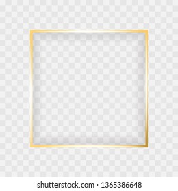 Gold shiny glowing square frame isolated on transparent background. Luxury realistic golden rectangle, banner borders with shadow inside. Vector illustration for creative design, advertising, sales