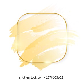 Gold shiny glowing square frame with golden brush strokes isolated on white background. Golden luxury line border for invitation, card, sale, fashion, wedding, photo etc. Vector illustration