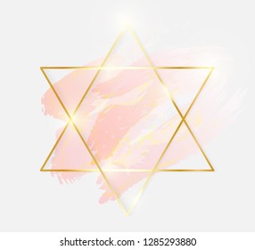 Gold shiny glowing star frame with rose pastel brush strokes isolated on white background. Golden luxury line border for invitation, card, sale, fashion, wedding, photo etc. Vector illustration