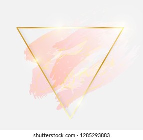 Gold shiny glowing triangle frame with rose pastel brush strokes isolated on white background. Golden luxury line border for invitation, card, sale, fashion, wedding, photo etc. Vector illustration