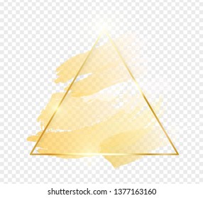 Gold shiny glowing triangle frame with golden brush strokes isolated on transparent background. Golden luxury line border for invitation, card, sale, fashion, wedding, photo etc. Vector illustration