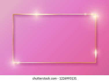 Gold shiny glowing vintage frame with shadows on fahion pink background. Golden luxury realistic border. Wedding, mothers or Valentines day concept. Vector illustration