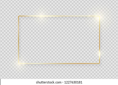 Gold shiny glowing vintage frame with shadows isolated on transparent background. Golden luxury realistic rectangle border. Vector illustration