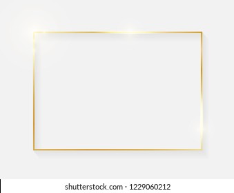 Gold shiny glowing vintage frame with shadows isolated on white background. Golden luxury realistic border. Wedding, mothers or Valentines day concept. Xmas and New Year abstract. Vector illustration