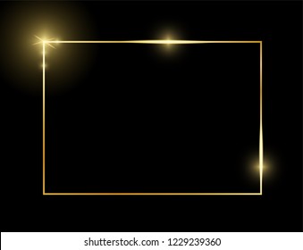 Gold shiny glowing vintage frame isolated on black. Golden luxury realistic border. Wedding, mothers or Valentines day, vintage portrait concept. Xmas and New Year abstract. Vector illustration