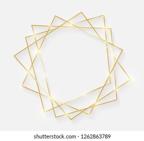 Gold shiny glowing vintage frame with shadows isolated on white background. Decorative golden luxury line border for invitation, card, sale, photo etc. Vector illustration