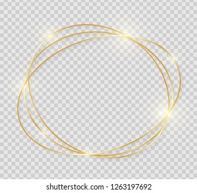 Gold shiny glowing vintage frame with shadows isolated on transparent background. Decorative golden luxury line border for invitation, card, sale, photo etc. Vector illustration