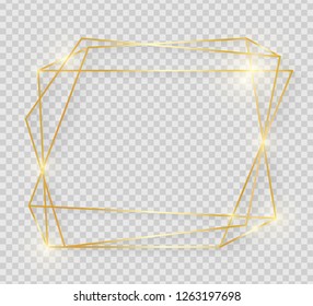 Gold shiny glowing vintage frame with shadows isolated on transparent background. Decorative golden luxury line border for invitation, card, sale, photo etc. Vector illustration