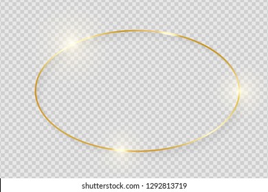 Gold shiny glowing vintage frame with shadows isolated on transparent background. Golden luxury realistic oval border. Vector illustration