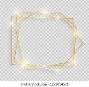 Gold shiny glowing vintage frame with shadows isolated on transparent background. Decorative golden luxury line border for invitation, card, sale, photo etc. Vector illustration