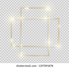 Gold shiny glowing vintage frame with shadows isolated on transparent background. Decorative golden luxury line border for invitation, card, sale, photo etc. Vector illustration