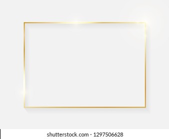 Gold shiny glowing vintage frame with shadows isolated on white background. Golden luxury realistic border. Wedding, mothers or Valentines day concept. Xmas and New Year abstract. Vector illustration