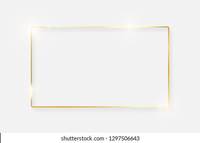 Gold shiny glowing vintage frame with shadows isolated on white background. Golden luxury realistic border. Wedding, mothers or Valentines day concept. Xmas and New Year abstract. Vector illustration