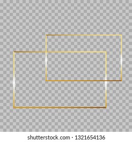 Gold shiny glowing vintage frame isolated on transparent background. Golden luxury realistic rectangle border. Vector illustration engraved ink art.