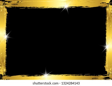 Gold shiny glowing vintage frame with golden brush strokes isolated or black background. Gold leaf luxury realistic rectangle border, vector illustration 