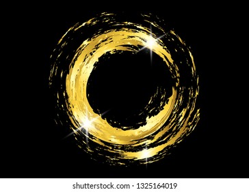 Gold shiny glowing vintage frame with golden brush strokes isolated or black background. Gold leaf luxury realistic round border, Circle abstract frame painted with brush strokes gold vector design