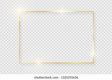 	
Gold shiny glowing vintage frame with shadows isolated on transparent background. Golden luxury realistic rectangle border. Vector illustration