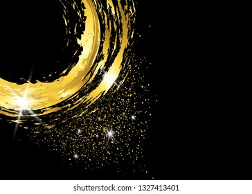 Gold shiny glowing vintage frame with golden brush strokes isolated or black background. Gold leaf luxury realistic round border, Circle abstract frame painted with brush strokes gold glitter design