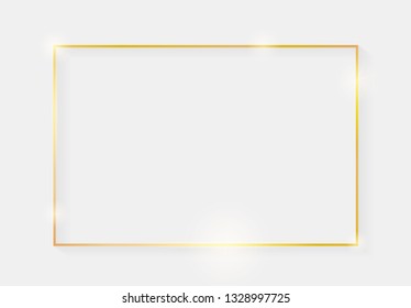 Gold Shiny Glowing Vintage Frame With Shadows Isolated On White Background. Golden Luxury Realistic Rectangle Border. Vector