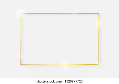 Gold shiny glowing vintage frame with shadows isolated on white background. Golden luxury realistic rectangle border. Vector