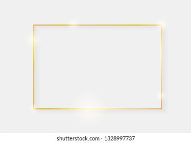 Gold shiny glowing vintage frame with shadows isolated on white background. Golden luxury realistic rectangle border. Vector