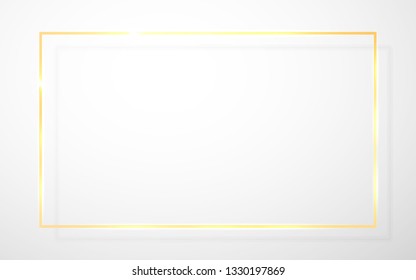 Gold shiny glowing vintage frame with shadows isolated on transparent background. Golden luxury realistic rectangle border. Vector illustration.