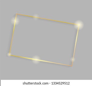 Gold shiny glowing vintage frame with shadows isolated on metal grey  background. Golden luxury realistic rectangle border. Vector