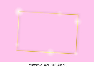 Gold shiny glowing vintage frame with shadows isolated on pink background. Golden luxury realistic rectangle border. Vector illustration