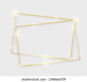 Gold shiny glowing vintage frame with shadows isolated on white background. Golden luxury realistic rectangle border. Vector illustration