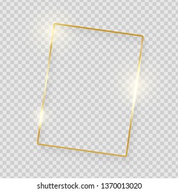 Gold shiny glowing vintage frame with shadows isolated on transparent background. Golden luxury realistic rectangle border. Vector illustration