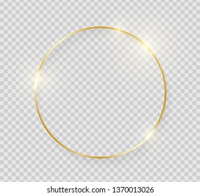 Gold shiny glowing vintage frame with shadows isolated on transparent background. Golden luxury realistic round border. Vector illustration