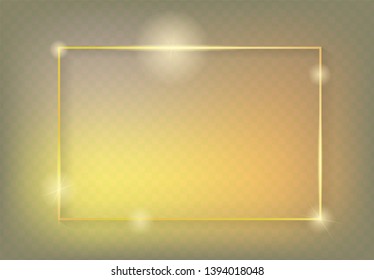 Gold shiny glowing vintage frame with shadows isolated on transparent orange background. Golden luxury realistic rectangle border. Vector illustration