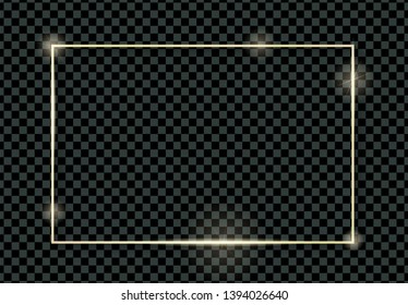 Gold shiny glowing vintage frame with shadows isolated on transparent background. Golden luxury realistic rectangle border. Vector illustration