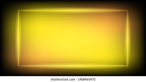 Gold shiny glowing vintage frame with shadows isolated on black background. Yellow luxury realistic rectangle border. Vector illustration
