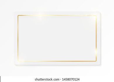 Gold shiny glowing vintage frame on whte plate isolated on white background. Golden luxury realistic border. Wedding, mothers or Valentines day concept. Xmas and New Year paper abstract. Vector