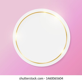 Gold shiny glowing vintage frame on white plate isolated on pink background. Golden luxury realistic border. Wedding, mothers or Valentines day concept. Xmas and New Year paper abstract. Vector