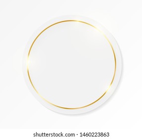Gold shiny glowing vintage frame on whte plate isolated on white background. Golden luxury realistic border. Wedding, mothers or Valentines day concept. Xmas and New Year paper abstract. Vector