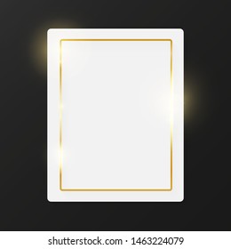 Gold shiny glowing vintage frame on white plate isolated on dark grey background. Golden luxury realistic border. Wedding, mothers or Valentines day concept. Xmas and New Year paper abstract. Vector