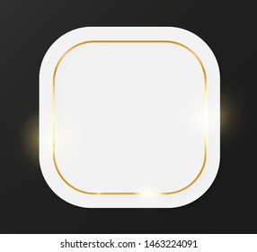 Gold shiny glowing vintage frame on white plate isolated on dark grey background. Golden luxury realistic border. Wedding, mothers or Valentines day concept. Xmas and New Year paper abstract. Vector