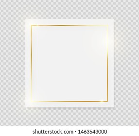 Gold shiny glowing vintage frame on white plate isolated on transparent background. Golden luxury realistic border. Wedding, mothers or Valentines day concept. Xmas and New Year paper abstract. Vector