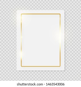 Gold shiny glowing vintage frame on white plate isolated on transparent background. Golden luxury realistic border. Wedding, mothers or Valentines day concept. Xmas and New Year paper abstract. Vector