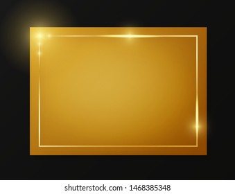 Gold shiny glowing vintage frame on plate isolated on black background. Golden luxury realistic border. Wedding, mothers or Valentines day concept. Xmas and New Year paper abstract. Vector