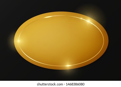 Gold shiny glowing vintage frame on plate isolated on black background. Golden luxury realistic border. Wedding, mothers or Valentines day concept. Xmas and New Year paper abstract. Vector