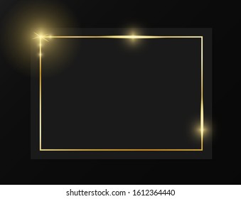 Gold shiny glowing vintage frame on grey plate isolated on black background. Golden luxury realistic border. Wedding, mothers or Valentines day concept. Xmas and New Year paper abstract. Vector