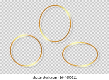 Gold shiny glowing vintage frame with shadows isolated on transparent background. Golden luxury realistic round border. 